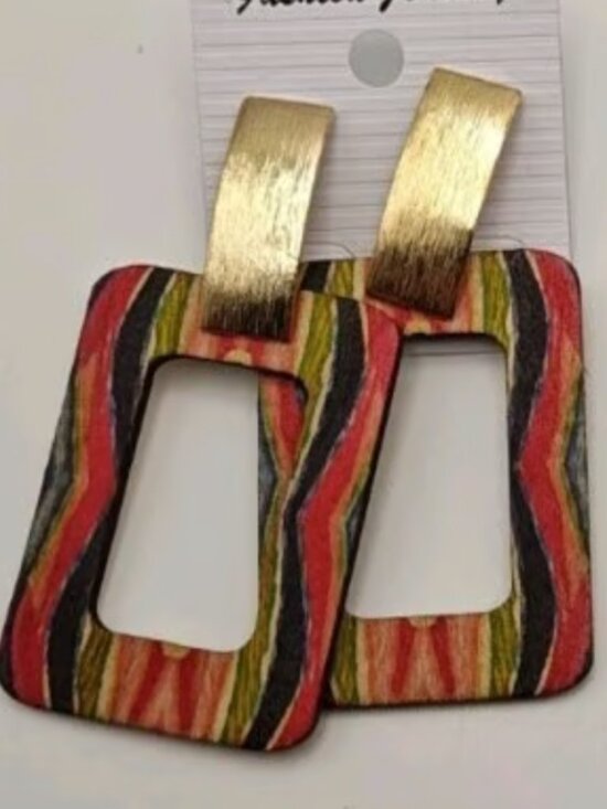 Fashion Jewelry Jewelry - a Pair Wooden Rectangle Hand painted Screw in Earrings New